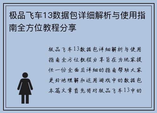 极品飞车13数据包详细解析与使用指南全方位教程分享